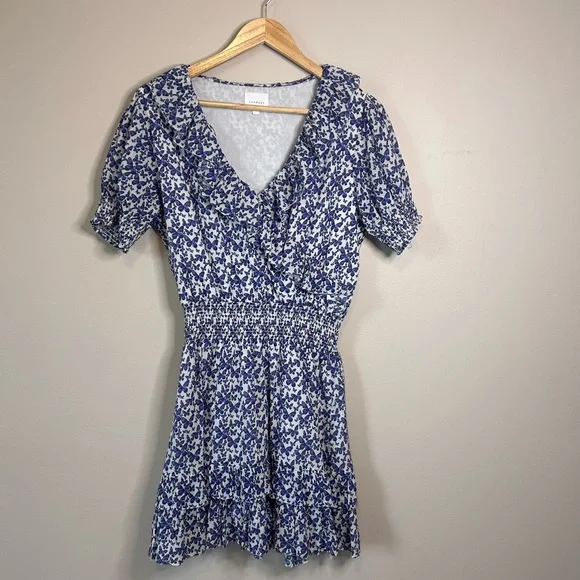 Sundays Blue Butterfly Pattern V-Neck Smocked Mini Dress Size Small
